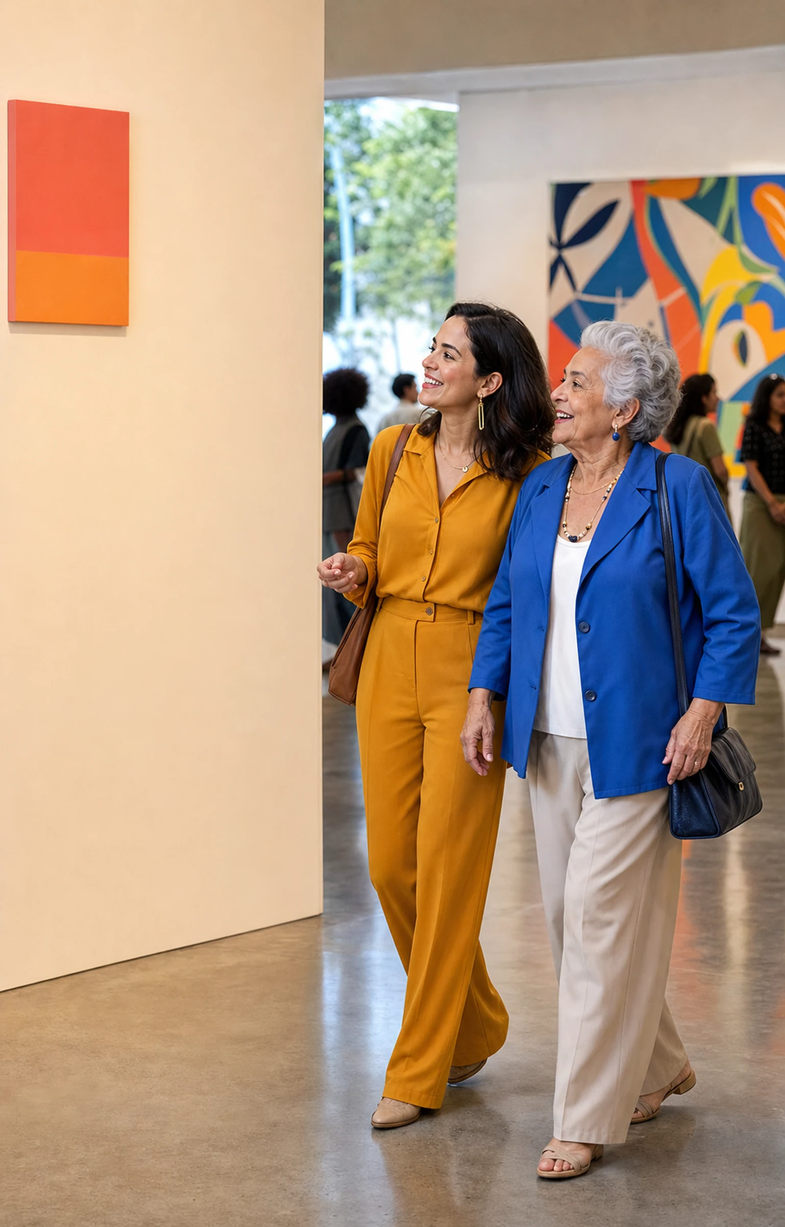 Mulher idosa e acompanhante chegam juntas a uma exposição de arte.