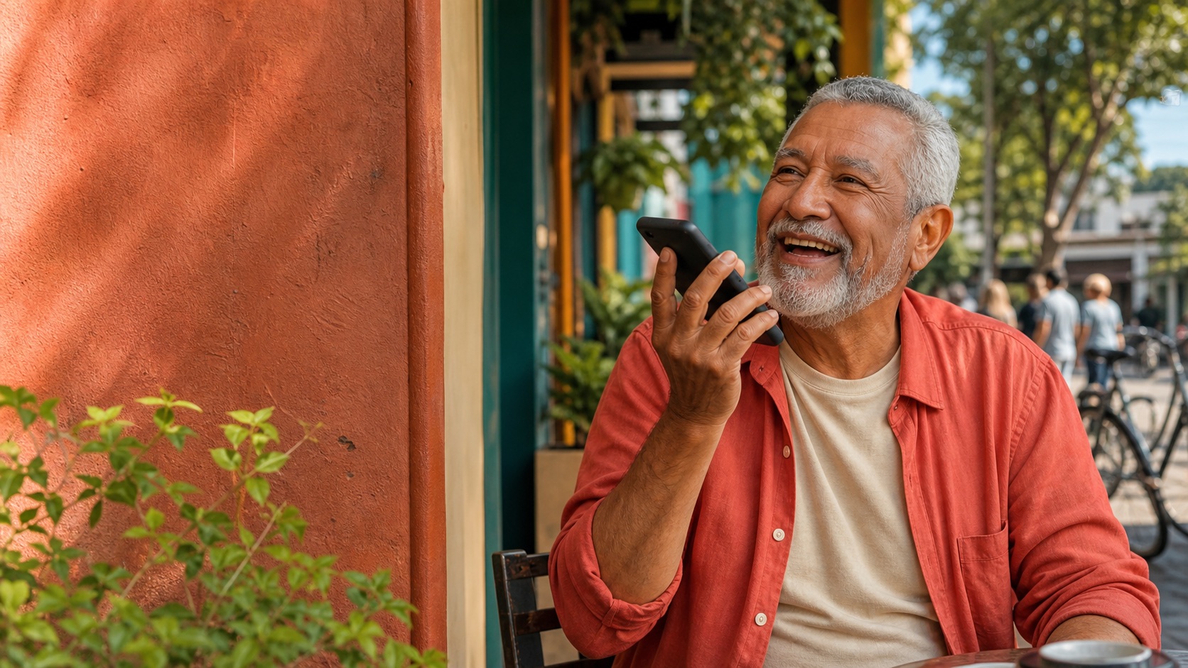 Homem idoso sorrindo enquanto grava uma mensagem de áudio no celular em um café ao ar livre.