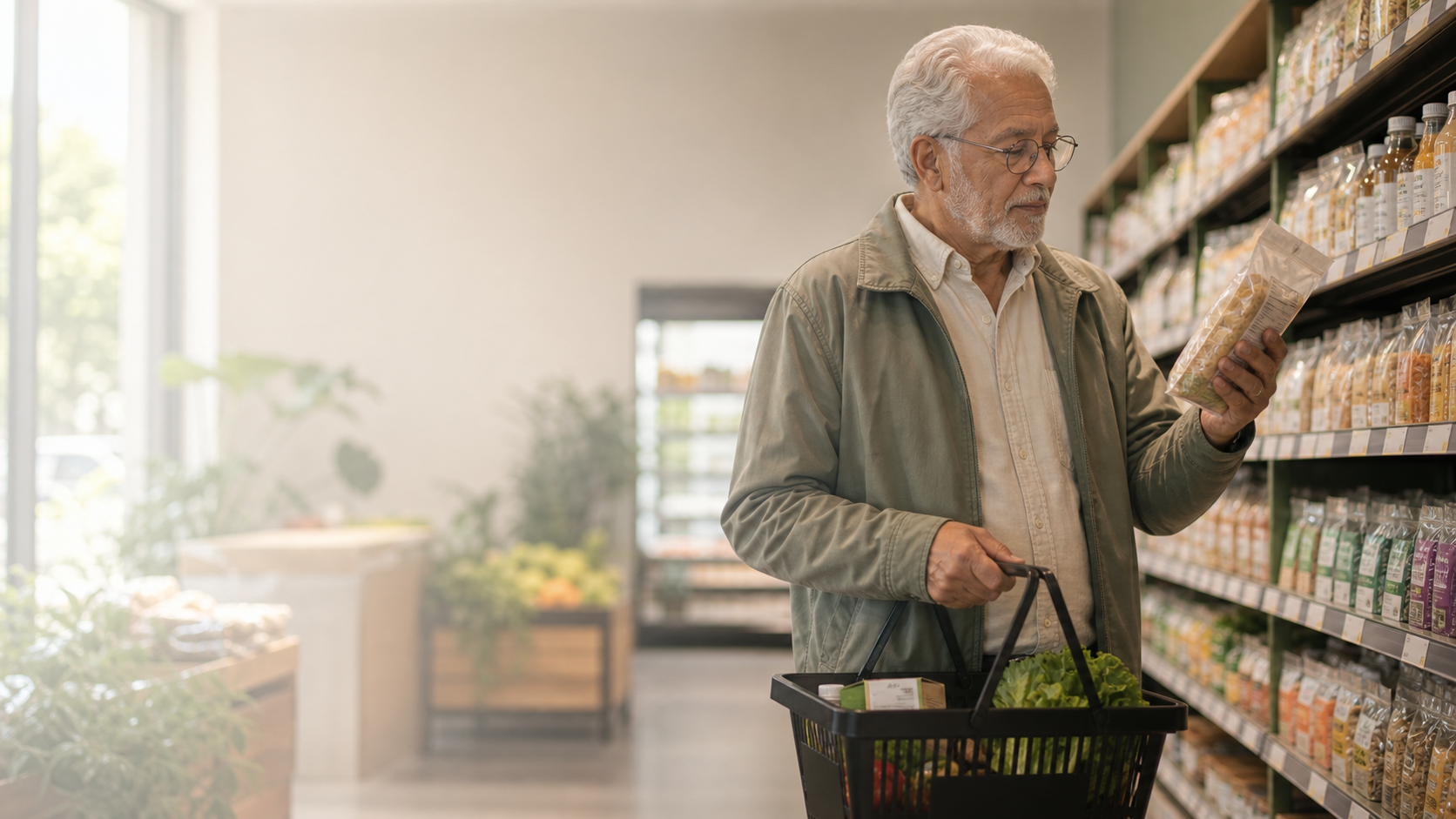 Homem 60+ observa um produto em uma prateleira de mercado, com cesta na mão e luz natural.
