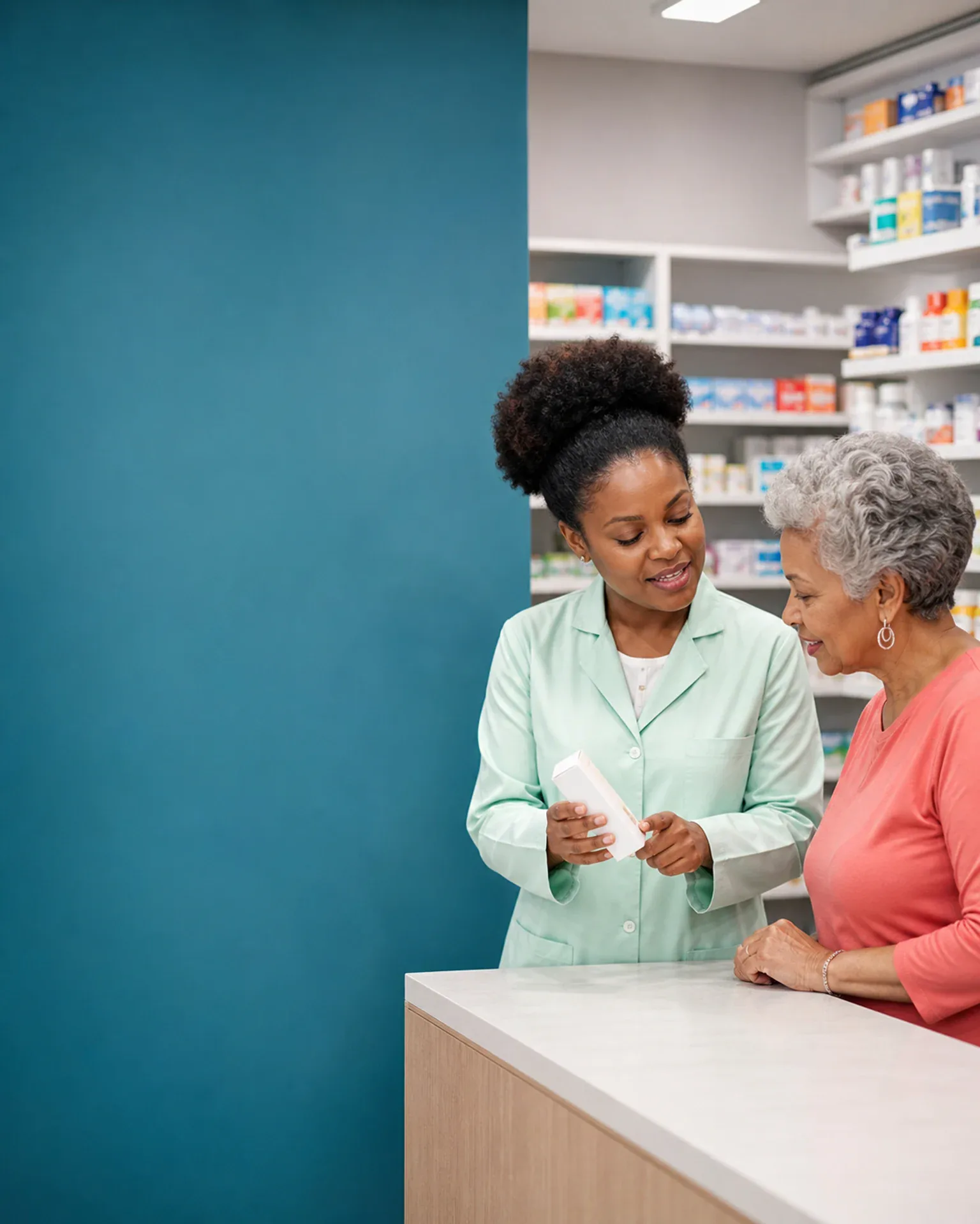Farmacêutica atende uma mulher idosa em um balcão claro e colorido.
