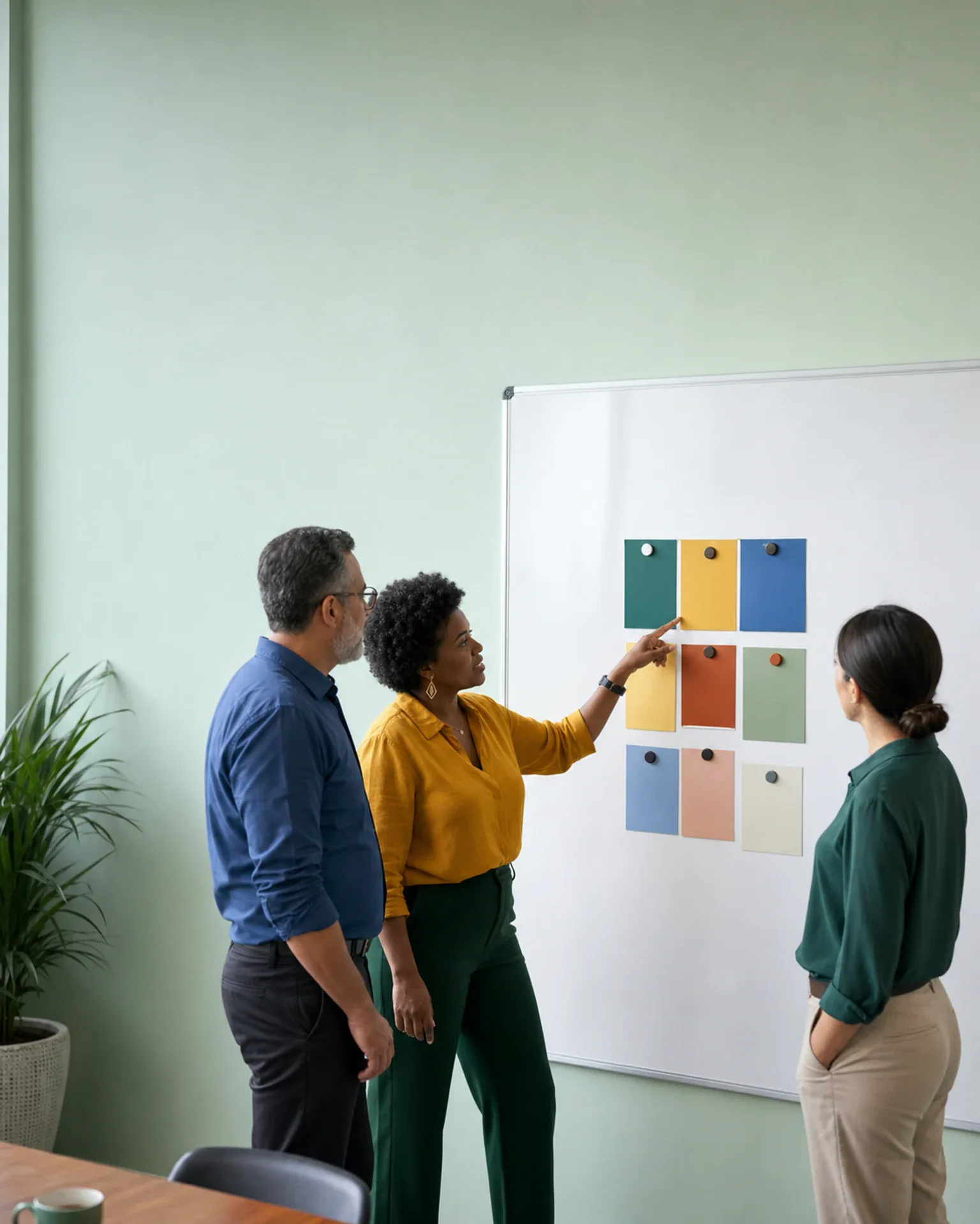 Equipe de RH compara opções de benefício em um quadro de decisão.