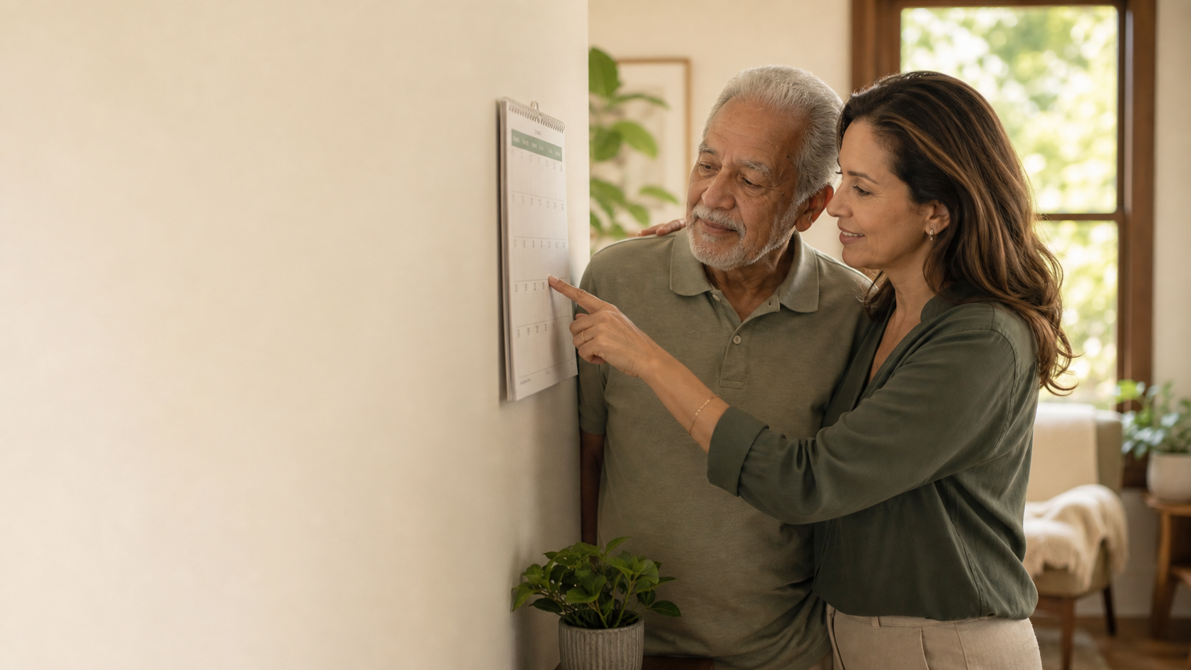 Pessoa 60+ e filha adulta observam um calendário de parede em casa, com luz natural e espaço à esquerda.