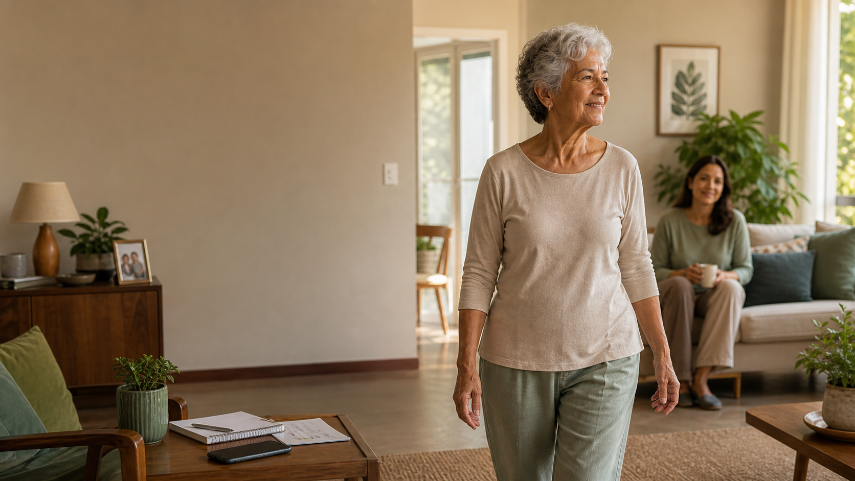 Mulher 60+ caminha com tranquilidade pela sala de casa em um ambiente claro e acolhedor.