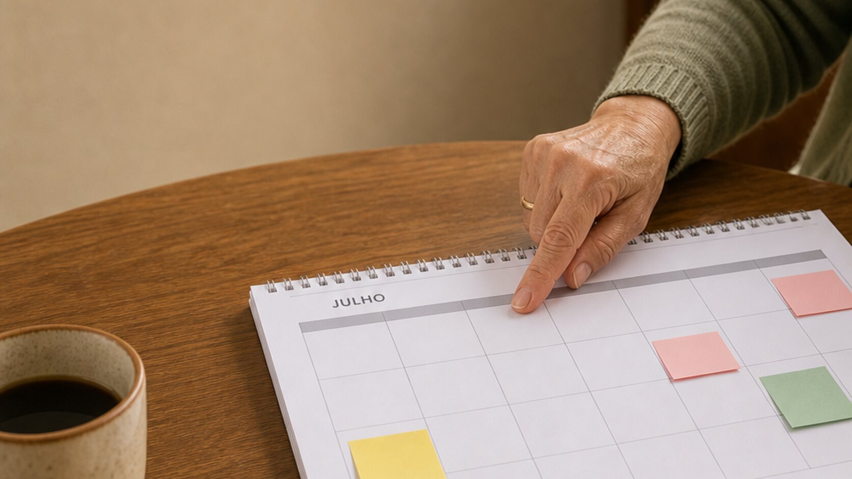 Mão de pessoa idosa aponta um calendário de julho sobre uma mesa de madeira, com café e post-its coloridos.