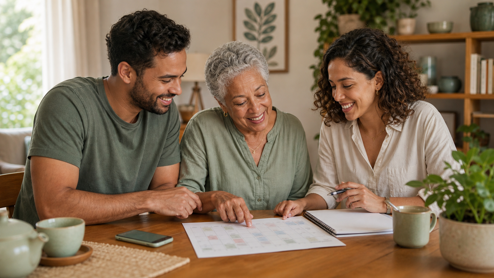 Família brasileira conversa em casa com uma pessoa idosa sorrindo enquanto organiza calendário, caderno e telefone sobre a mesa.