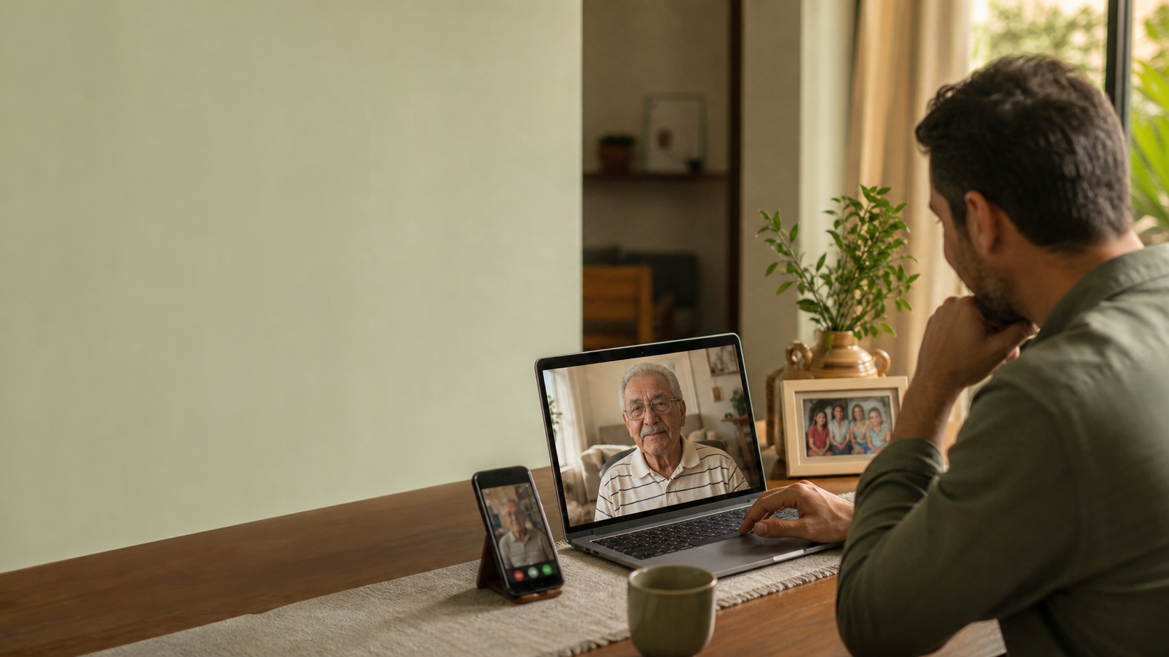Filho adulto conversa por videochamada com o pai idoso em casa, com telefone e foto de família sobre a mesa.