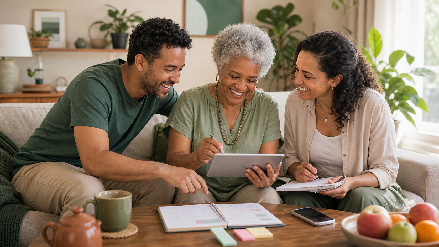 Família brasileira sorrindo enquanto organiza no tablet e no caderno os combinados de cuidado dos pais idosos.