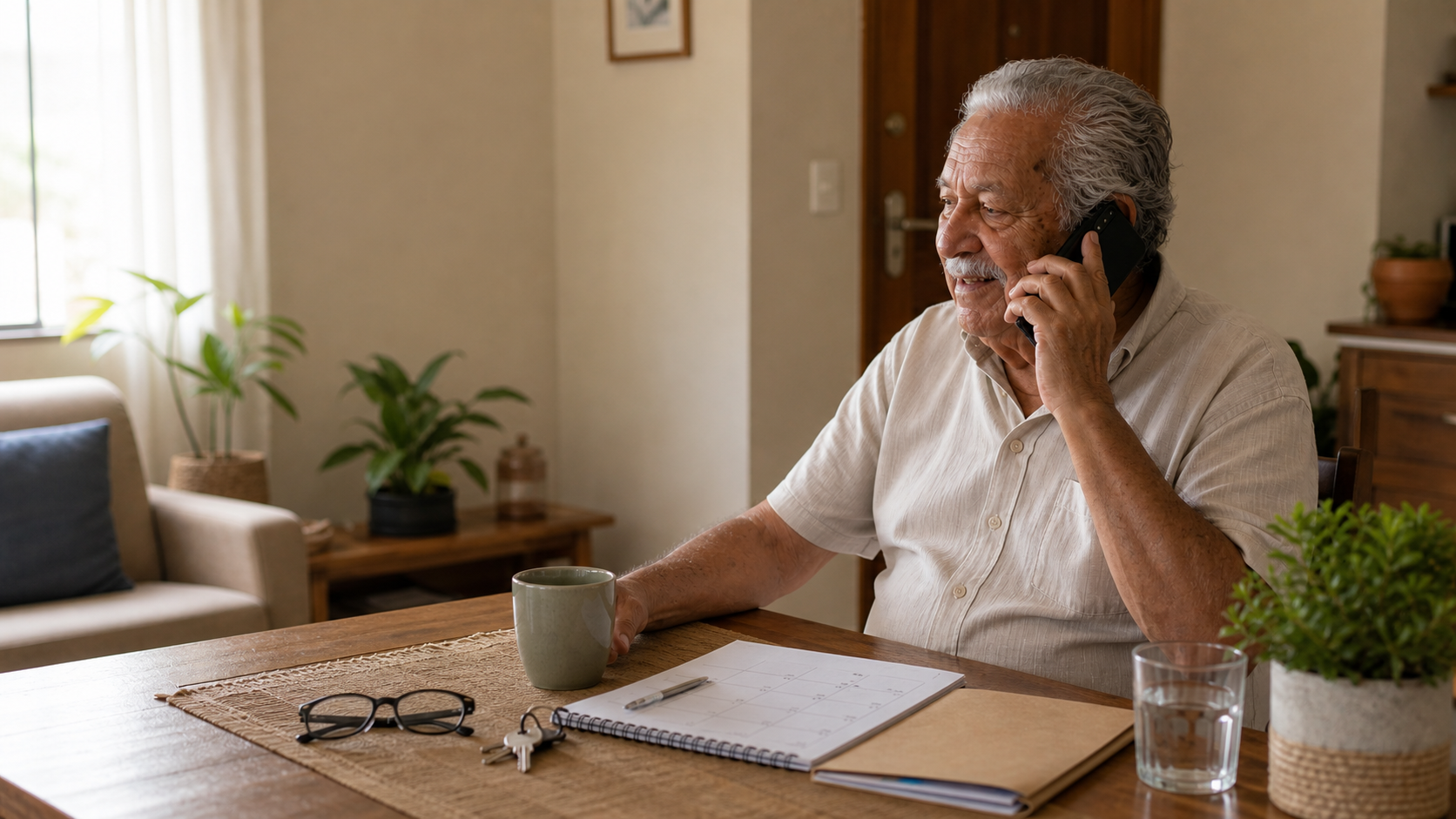 Pai idoso conversa ao telefone em casa, com calendário, óculos, chaves e documentos sobre a mesa.