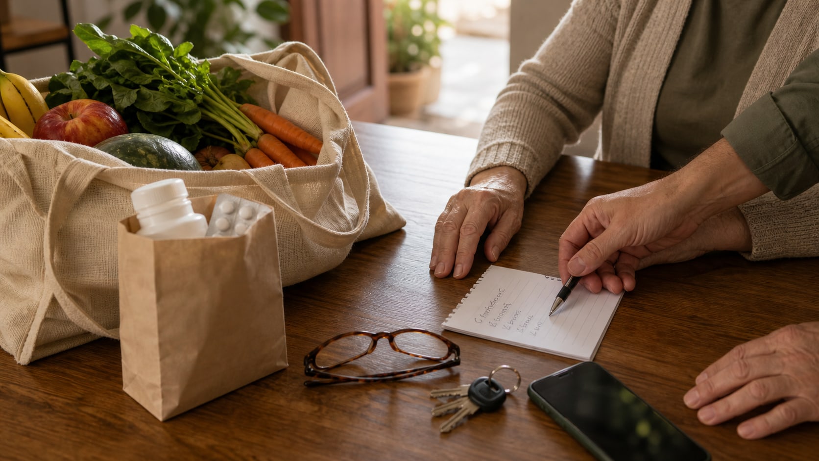 Sacola de compras com verduras na entrada de casa, ao lado de chaves, celular e óculos sobre um móvel de madeira.
