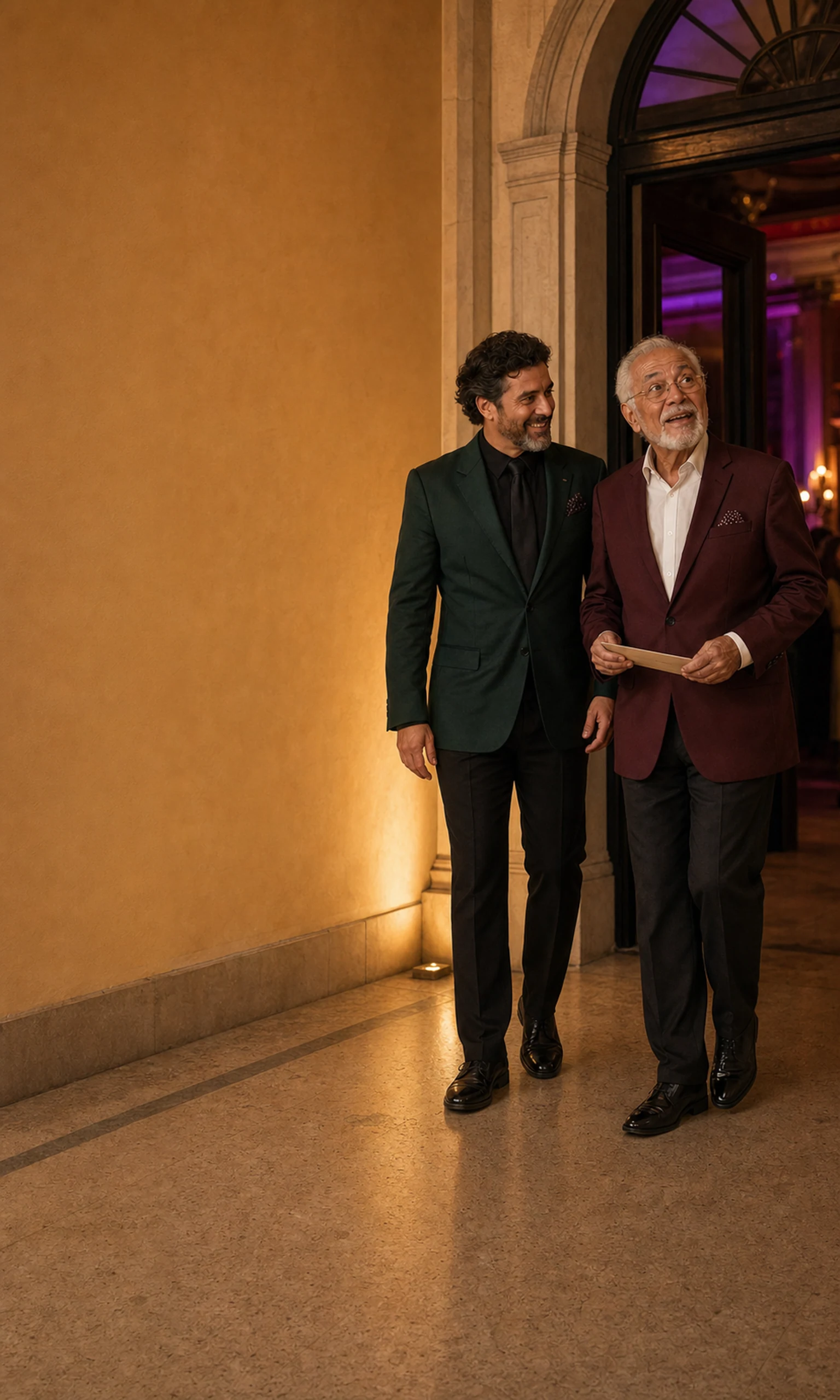 Homem idoso chega a um concerto acompanhado por um profissional de concierge.