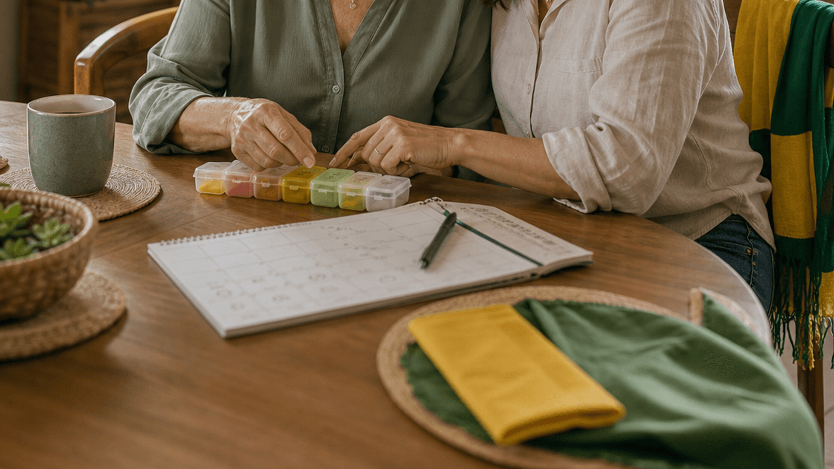 Pessoa 60+ e familiar organizam caixa de remédios e calendário em casa, com pano verde e amarelo sobre a mesa.