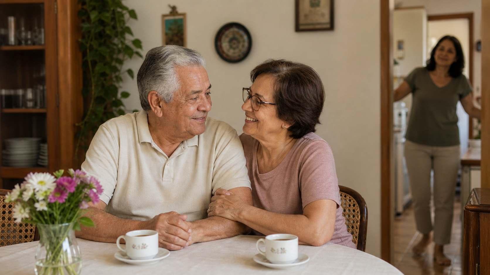 Casal 60+ toma café junto em casa enquanto uma familiar aparece discretamente ao fundo, respeitando a privacidade do casal.