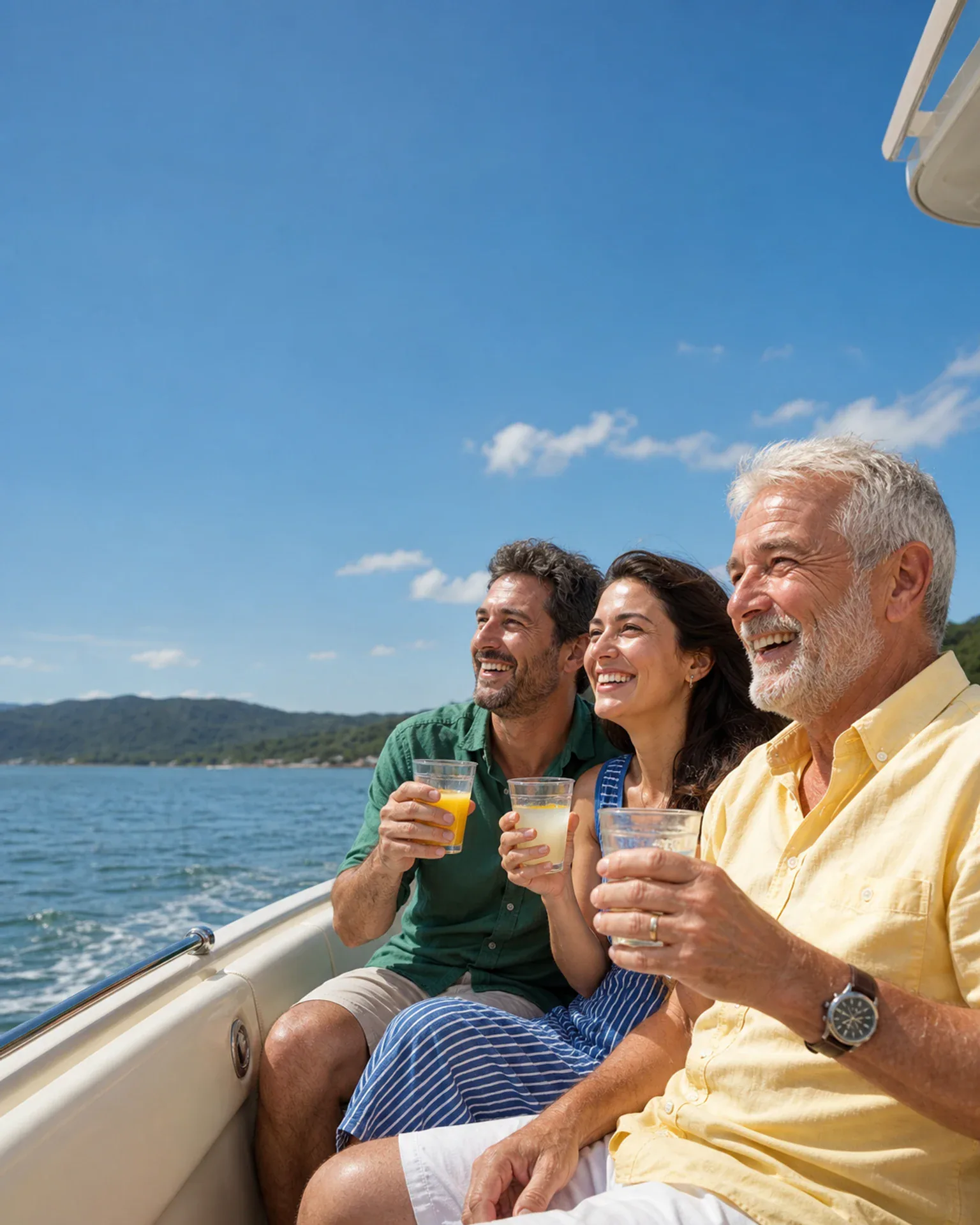 Pai idoso e dois filhos adultos aproveitam um passeio de barco.