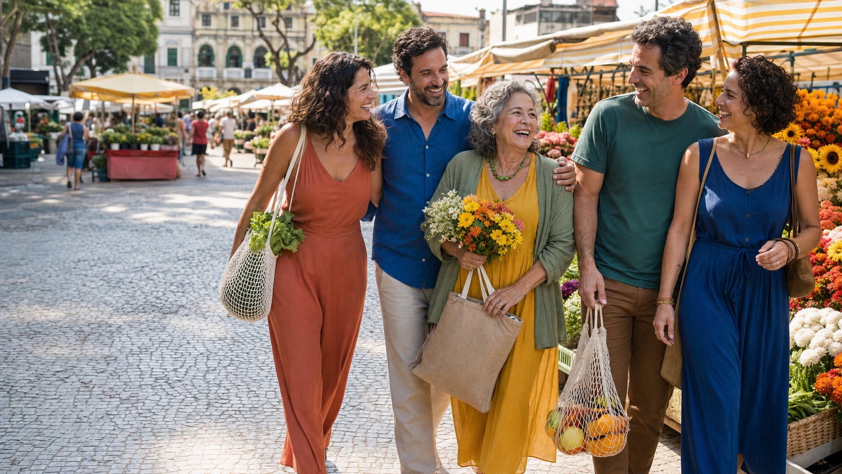 Mãe idosa e filhos adultos caminham sorrindo por uma feira de flores ao ar livre.
