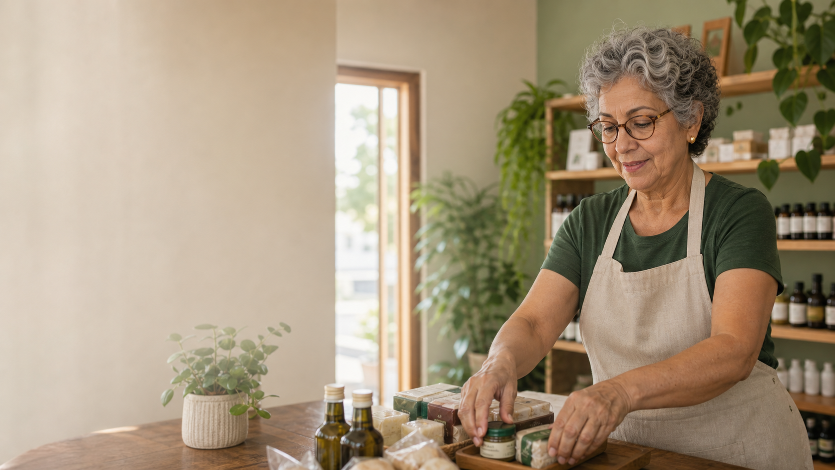 Mulher 60+ empreendedora organiza produtos em uma loja acolhedora, com luz natural e espaço à esquerda.