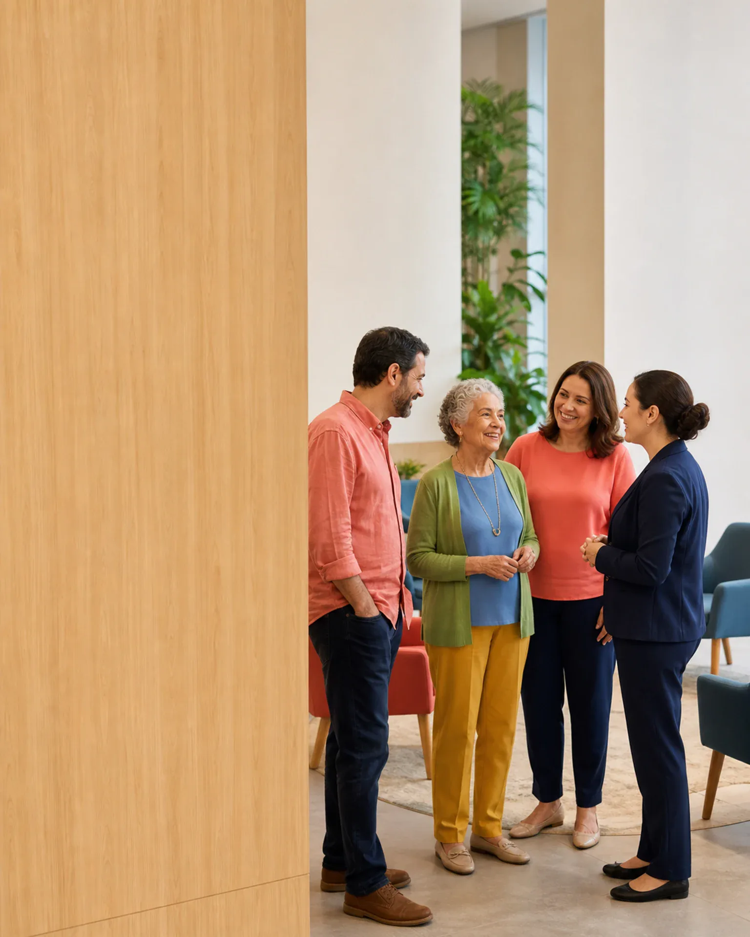 Pessoa idosa e familiares conversam com atendente de uma empresa de cuidados.