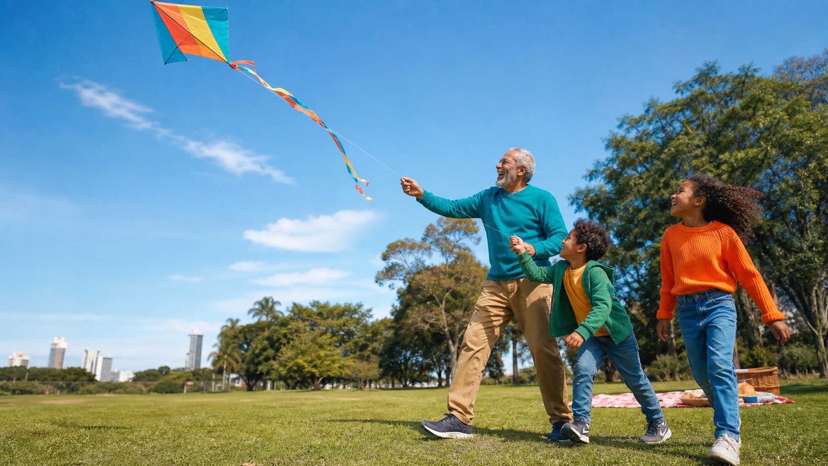 Avô e dois netos soltam uma pipa colorida em um parque ensolarado durante as férias.