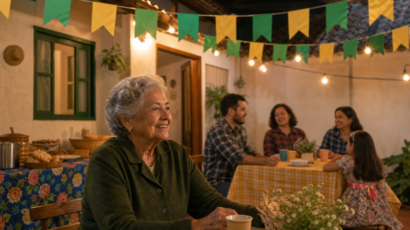 Pessoa 60+ sorri em uma festa junina familiar, com bandeirinhas, luzes quentes e familiares por perto.