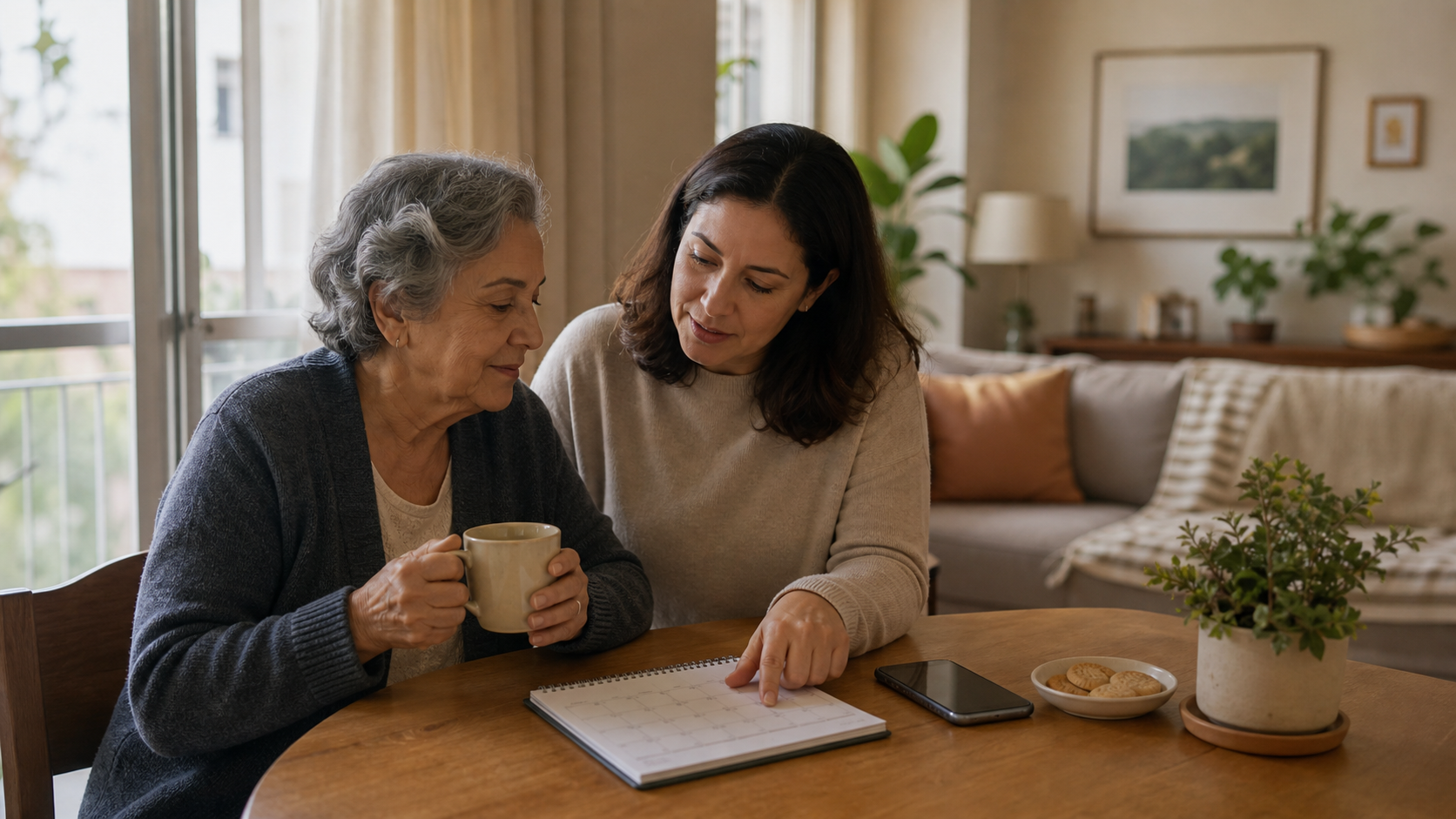 Mulher idosa toma café em casa com cardigan enquanto uma familiar organiza a agenda da semana ao lado.