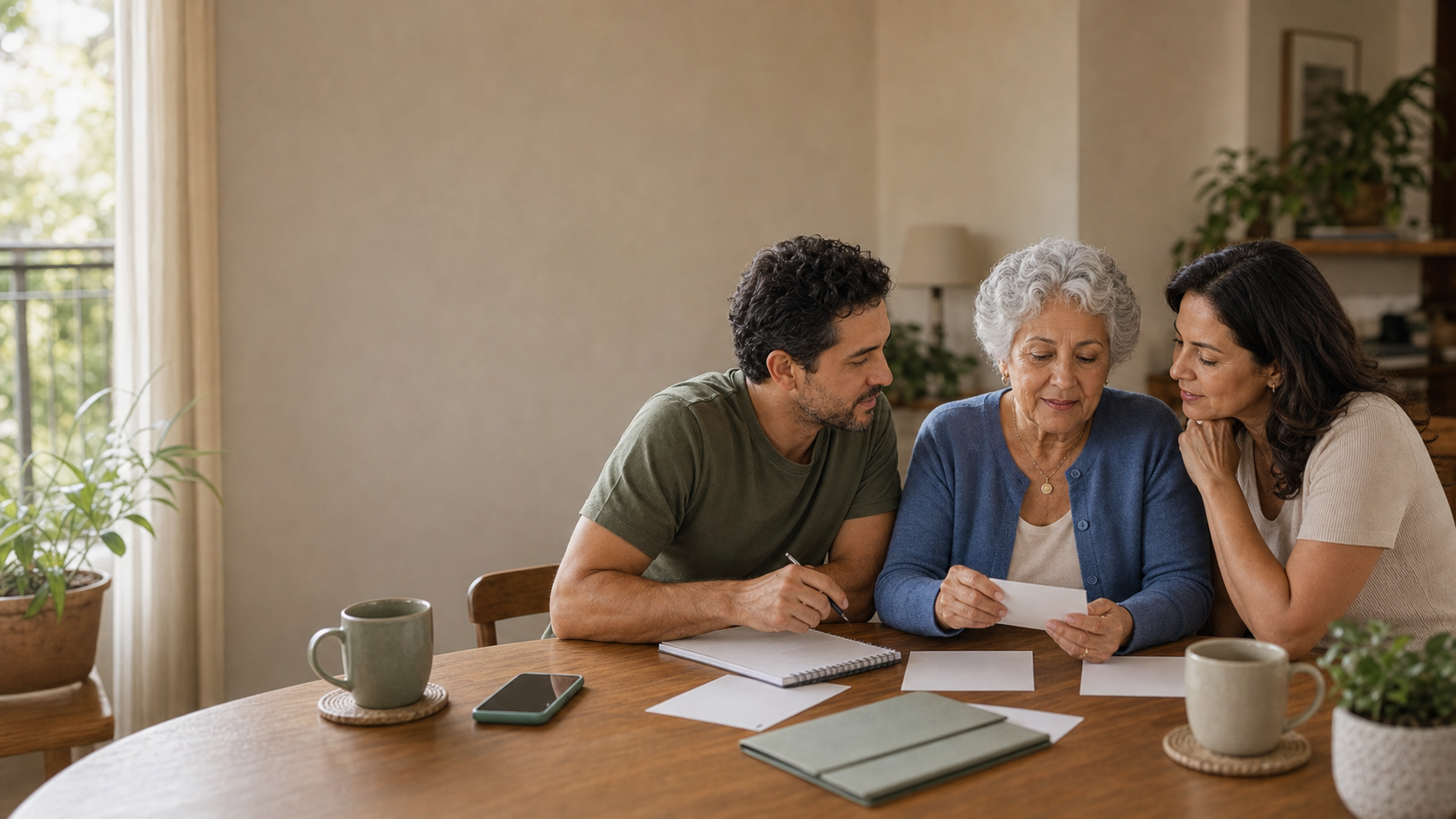 Família conversa com pessoa 60+ em casa comparando opções de apoio para a rotina.