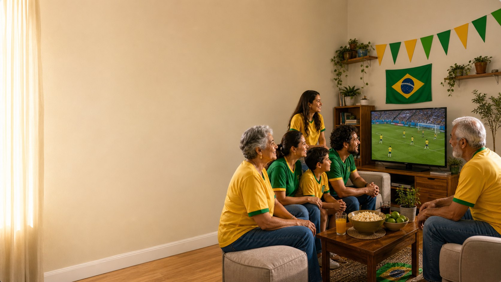 Família brasileira multigeracional assiste ao jogo do Brasil em casa, com bandeira verde e amarela ao fundo.