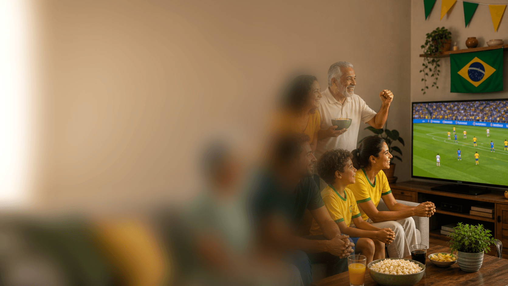 Família brasileira multigeracional assiste ao jogo do Brasil em casa, com pessoa 60+ sentada no sofá e bandeira ao fundo.