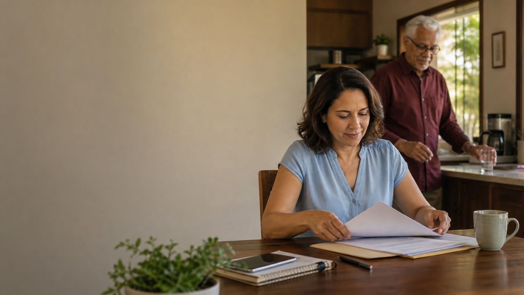 Familiar organiza documentos e agenda em casa enquanto uma pessoa idosa pega água ao fundo, em uma rotina tranquila.