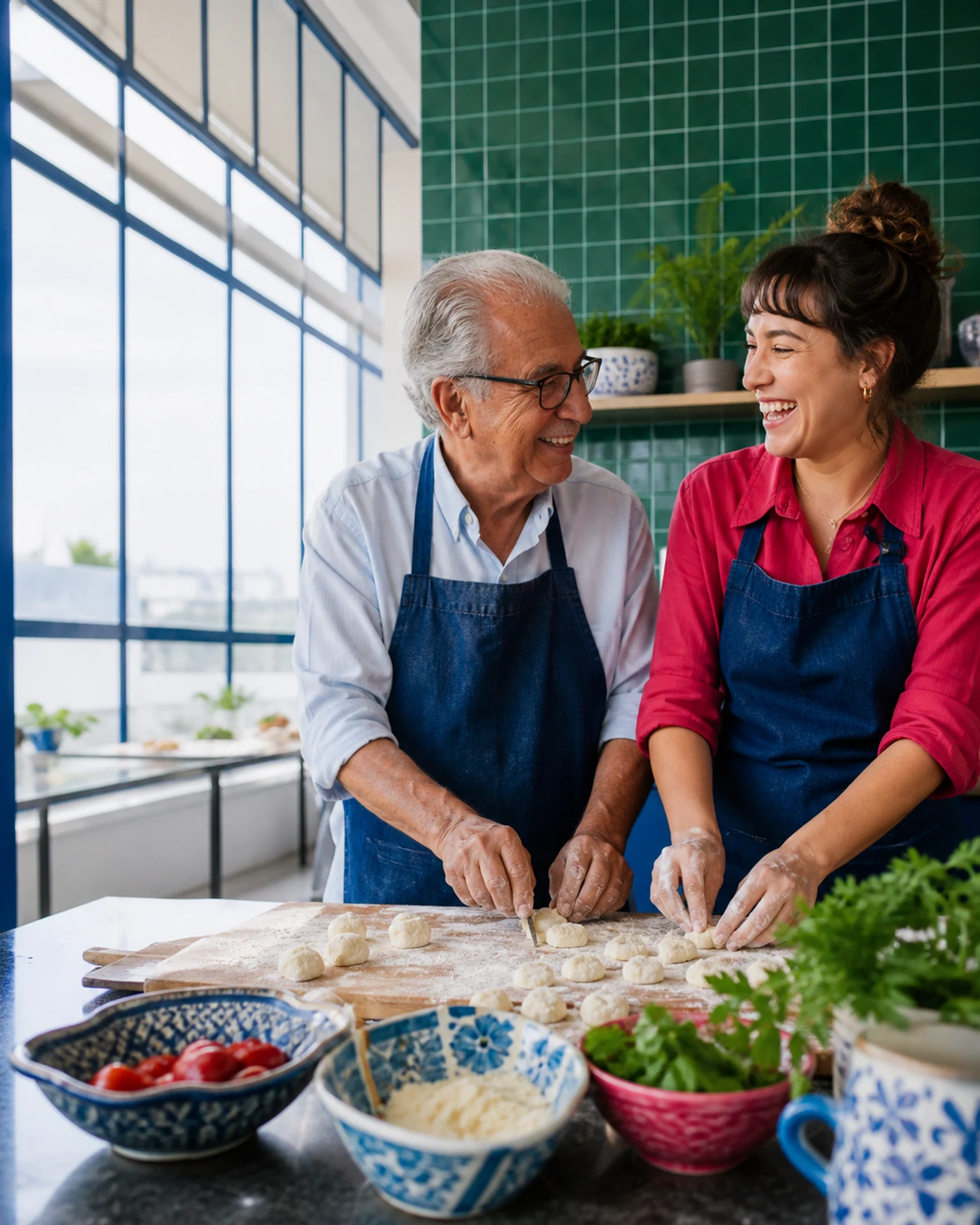 Avô e neta adulta preparam uma receita juntos em uma cozinha colorida.