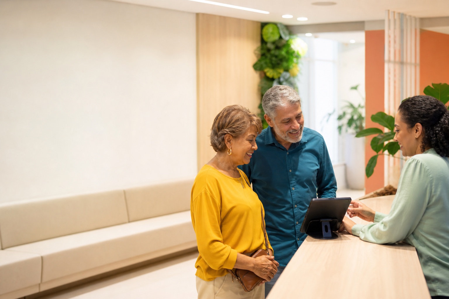 Casal idoso conversa com uma recepcionista em uma clínica clara e acolhedora.