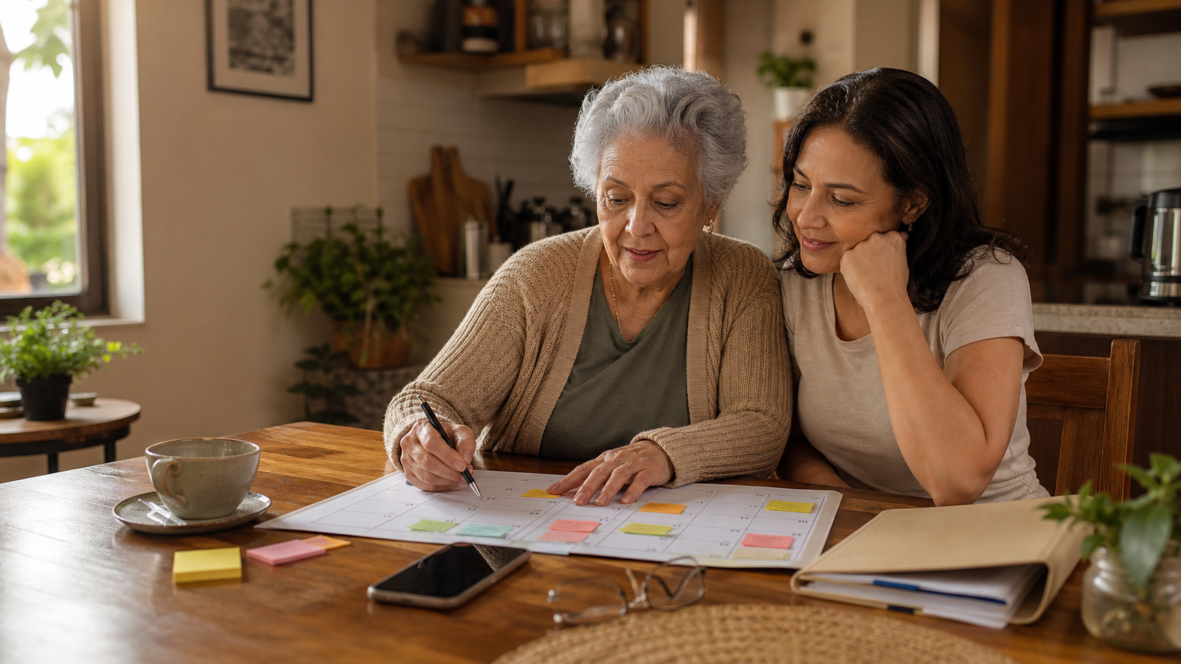 Mulher idosa e filha organizam juntas uma rotina semanal em um calendário de papel sobre a mesa.