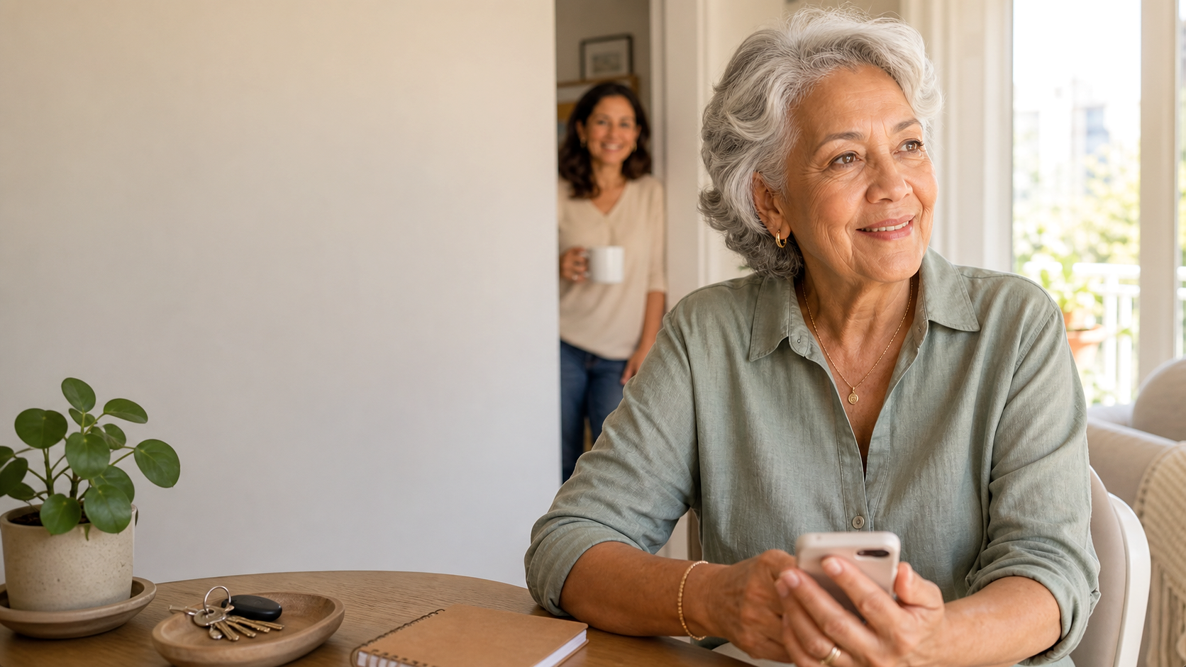 Mulher longeva sorrindo em casa com celular na mão, chaves sobre a mesa e uma familiar ao fundo, em clima de autonomia e apoio próximo.