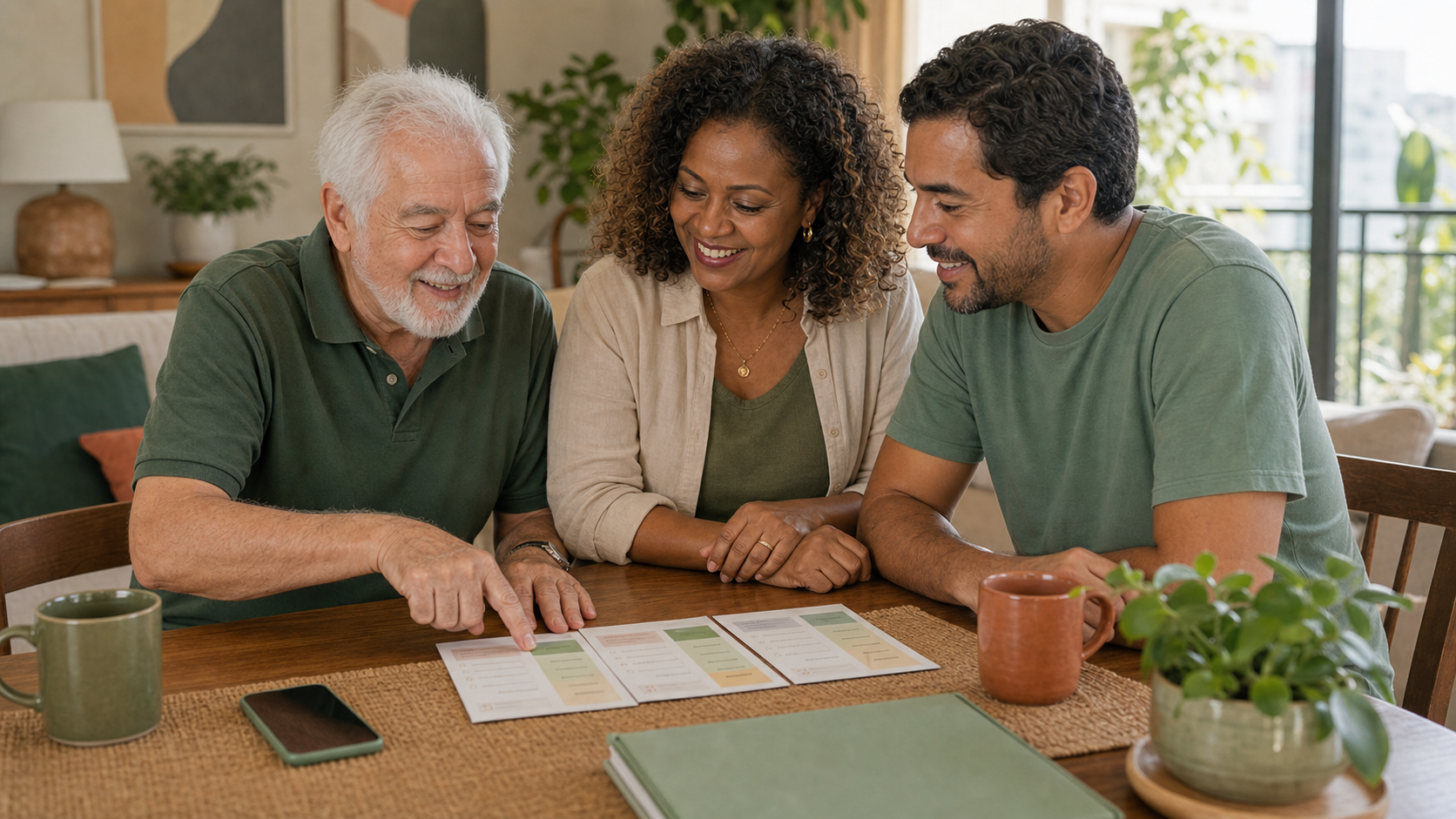 Família diversa sorrindo enquanto compara opções de serviço para idosos em uma mesa de casa.