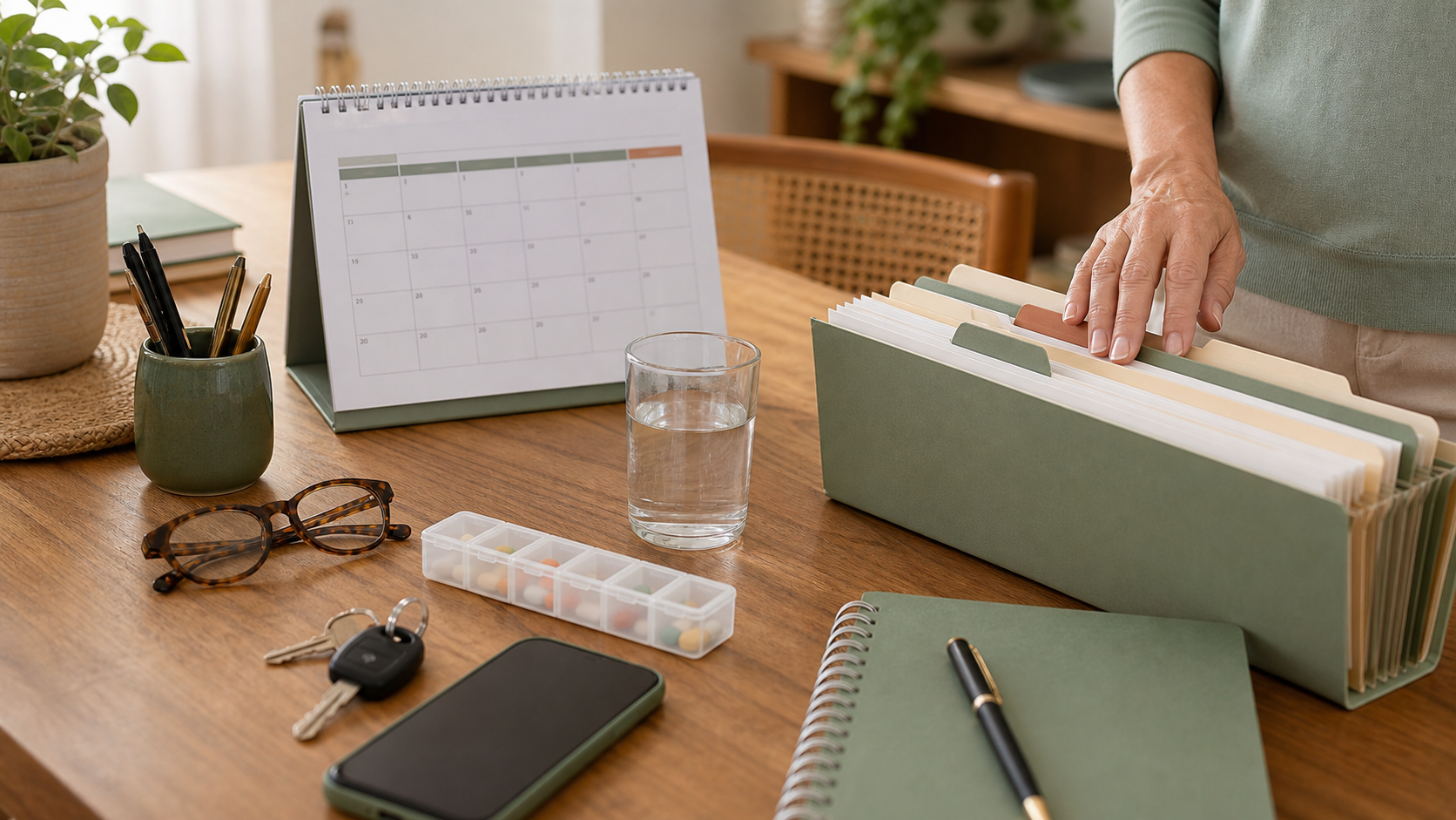 Mesa de casa com calendário, pasta de documentos, remédios organizados, celular e caderno para coordenar o cuidado de uma pessoa 60+.