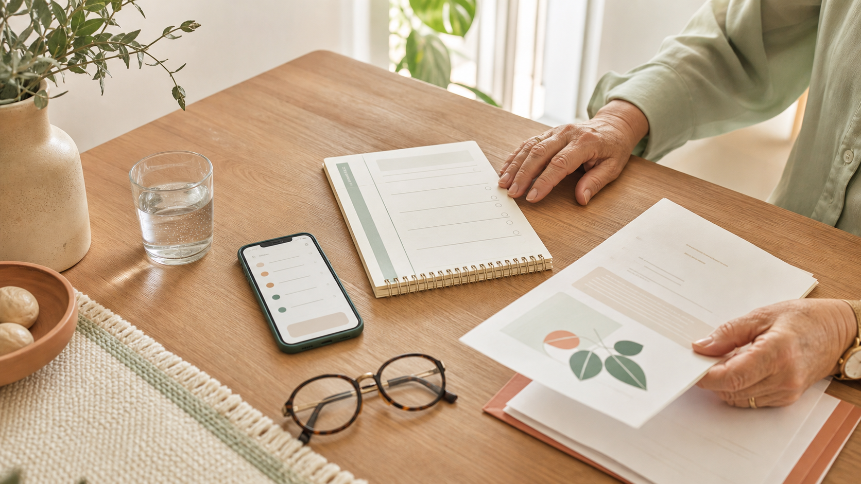 Mesa de casa com celular, agenda, documentos e óculos organizados para ajudar idosos e família no cuidado diário.