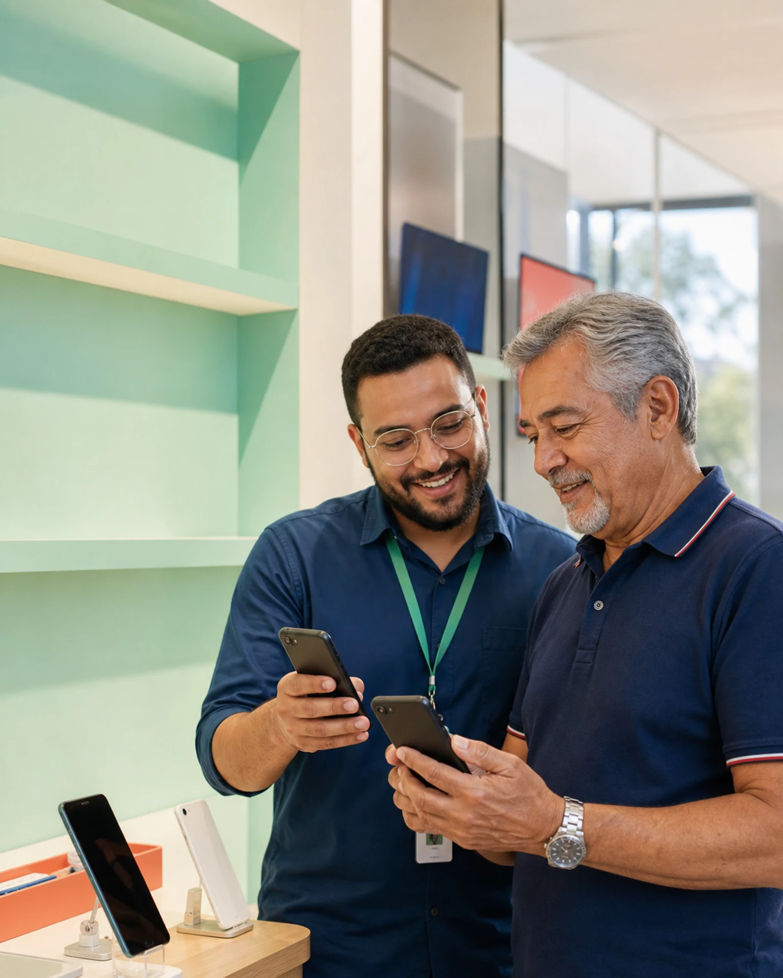 Homem idoso compara dois telefones em uma loja de tecnologia.